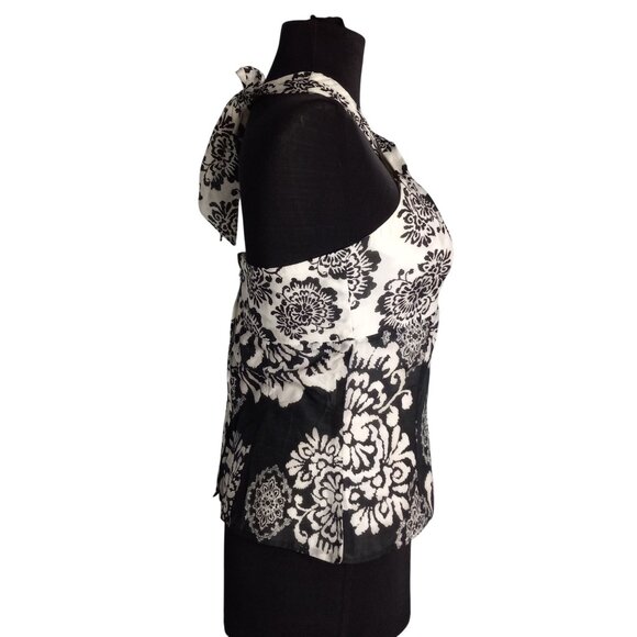 WHBM Size 2 Halter Top Black White Floral Pattern Keyhole Front Tie Back Lined - Picture 4 of 8
